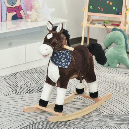 Plush Cowboy Rocking Horse – Wooden Ride-On Toy with Realistic Neighing & Galloping Sounds – Soft Brown Pony for Toddlers 3-6 Years