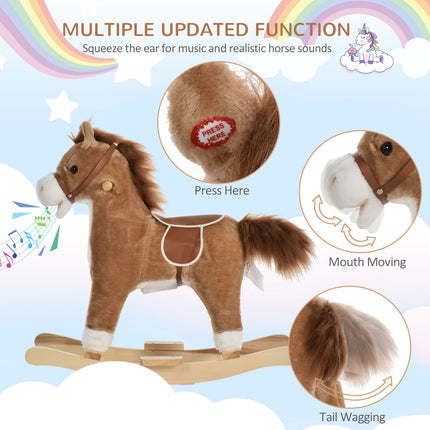 Plush Rocking Horse Toy with Realistic Sounds & Moving Tail – Classic Wooden Rocker for Toddlers & Kids Playrooms