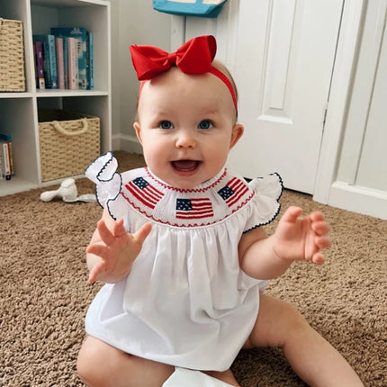 Baby Girl 4th of July Smocked Bubble Romper – American Flag Embroidery Fly Sleeve Bodysuit – Patriotic Summer Outfit