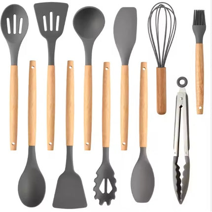 12-Piece Premium Silicone Kitchen Utensil Set – Heat-Resistant Gray Cooking Tools with Natural Wooden Handles