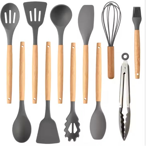 12-Piece Premium Silicone Kitchen Utensil Set – Heat-Resistant Gray Cooking Tools with Natural Wooden Handles