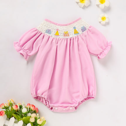 Baby Girl First Birthday Smocked Romper – Embroidered Birthday Cake Princess Bodysuit – Vintage Style Short Sleeve Bubble Romper