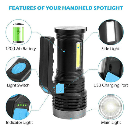 Ultra-Bright LED Tactical Flashlight – USB Rechargeable Torch with COB Side Light – 3 Modes High-Lumen Emergency Lamp – Waterproof