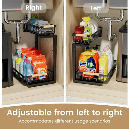 2-in-1 Kitchen Organization Set – 2-Tier Large Dish Drying Rack with Drainboard & Pull-Out Under Sink Organizer Rack – Black Metal