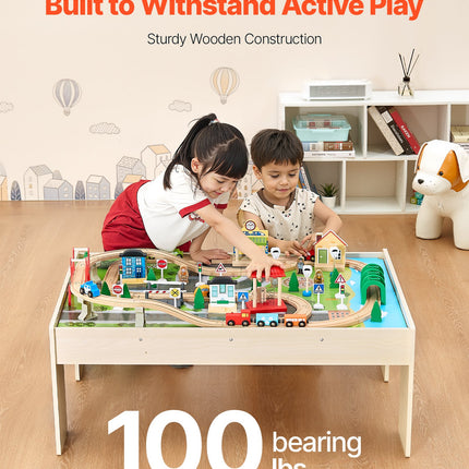 84-Piece Wooden Train Table Set – Complete Kids' Activity Station with Collapsible Storage Bin – Durable Play Table for Toddlers & Children
