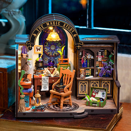 Robotime ROKR DIY Miniature House Kit – "Magic Study" Library – 3D Wooden Puzzle Room Kit with LED Lights – Creative Hobby Gift for Adults