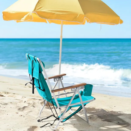 Premium 4-Position Folding Beach Chair – Portable Backpack Chair with Wooden Armrests, Headrest & Cup Holder – Forest Green