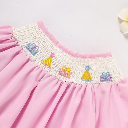Baby Girl First Birthday Smocked Romper – Embroidered Birthday Cake Princess Bodysuit – Vintage Style Short Sleeve Bubble Romper