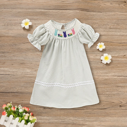 Baby Girl Easter Bunny Smocked Dress – Hand-Embroidered Rabbit & Carrot Party Outfit – Vintage Style Short Sleeve Spring Dress