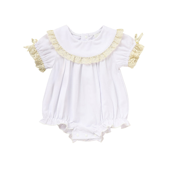 Baby Girl White Lace Smocked Romper – Vintage Floral Embroidery Bubble Jumpsuit – Elegant Wedding & Christening Outfit