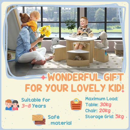 5-Piece Kids Table and Chairs Set – Toddler Activity Table with 4 Chairs – Built-in Storage Bins for Art, Crafts & Playroom – Sleek White Finish