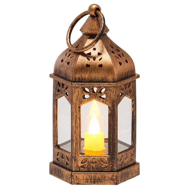 12 PCS Decorative Mini Candle Lanterns – LED Flameless Hanging Lanterns with Glass Walls – Bronze Vintage Style for Wedding, Party & Table Decor