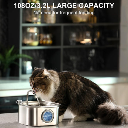 3.2L Stainless Steel Cat Water Fountain – 108oz Automatic Dog Water Dispenser with Water Level Window – Ultra-Quiet Filtered Drinking Fountain