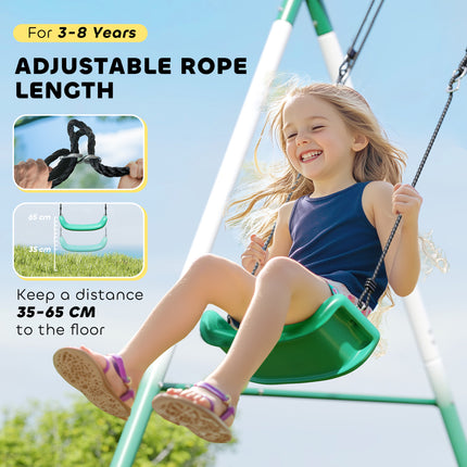Metal Swing Set with Slide and Saucer Swing – Heavy-Duty A-Frame Stand – Adjustable Rope Outdoor Playset for Backyard – Dark Green