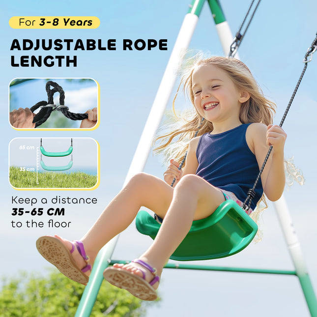 Metal Swing Set with Slide and Saucer Swing – Heavy-Duty A-Frame Stand – Adjustable Rope Outdoor Playset for Backyard – Dark Green