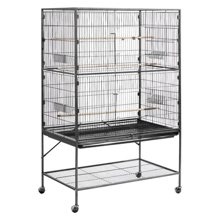 60" Large Wrought Iron Bird Flight Cage with Rolling Stand – Spacious Flight Cage for Cockatiels, African Greys, and Parakeets – Includes Perches & Feeders