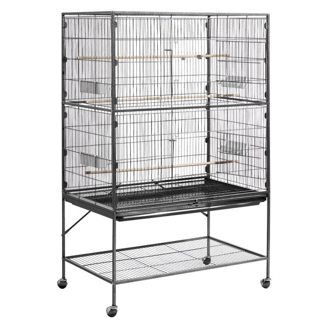 60" Large Wrought Iron Bird Flight Cage with Rolling Stand – Spacious Flight Cage for Cockatiels, African Greys, and Parakeets – Includes Perches & Feeders