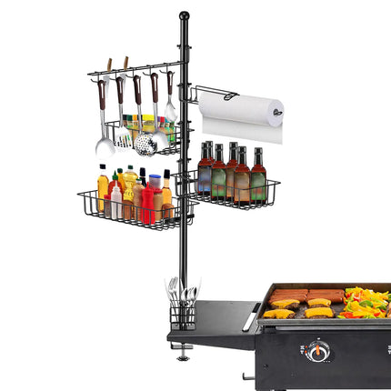 ProGrill™ Multi-Functional Griddle Caddy – All-in-One Standing BBQ Rack with Hooks & Storage Baskets