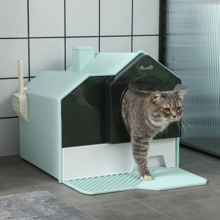Hooded Cat Litter Box with Trapping Mat – Anti-Tracking Top Entry Litter Pan – Large Enclosed Kitty Washroom for Mess-Free Floors (Light Blue)
