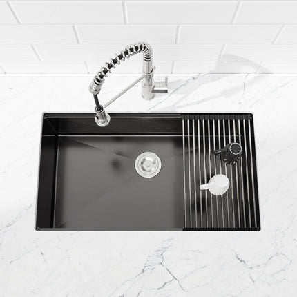 30-Inch Black Stainless Steel Workstation Sink – Handmade Undermount Single Bowl Kitchen Sink with Cutting Board & Colander