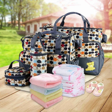 5pcs Multi-Function Baby Diaper Bag Set – Large Capacity Mummy Tote Bag – Includes Small Accessory Bag, Bottle Case, and Changing Mat
