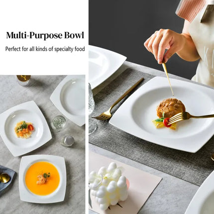 Square Ceramic Dinner Plate Set of 6 – Elegant White Bone China Salad Plates for Fine Dining & Family Gatherings