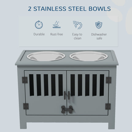 Modern Gray Dog Feeding Station with Food Storage – Wooden Pet Feeder Cabinet with 2 Stainless Steel Bowls – Space-Saving Hidden Pet Station