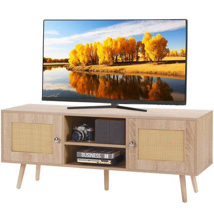 55" Rattan TV Stand – Boho-Chic Entertainment Center with Natural Rattan Doors – Mid-Century Modern Media Console for Living Room