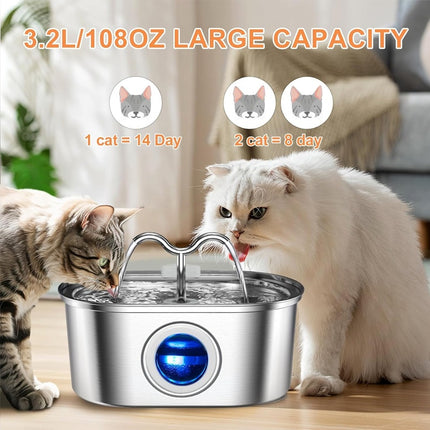 3.2L Stainless Steel Pet Water Fountain – Cowhorn Design Automatic Dispenser – Ultra-Quiet with 4 Replacement Filters for Dogs & Cats