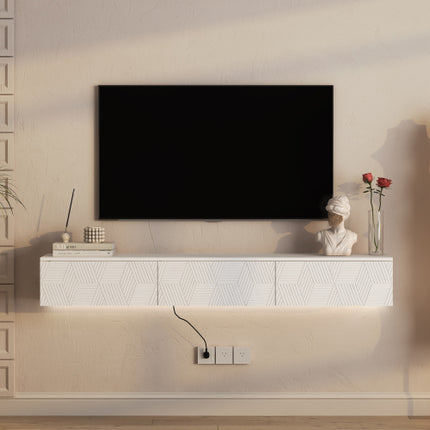 Modern Floating TV Stand with 16-Color LED Lights – Wall Mounted Entertainment Center for TVs up to 65" – High Gloss White Media Console