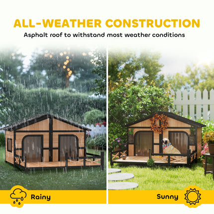 Luxury Natural Wood Double Dog House with Porch – Dual Room Outdoor Kennel with Openable Roof & Removable Floor – Weatherproof Pet Villa