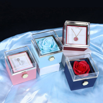 Creative Rotating Rose Jewelry Box – Eternal Soap Flower Gift Box for Necklace & Rings – Enchanted Spinning Rose Surprise for Valentine’s Day
