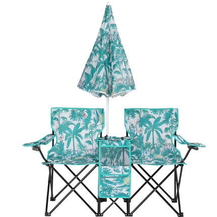 Double Folding Camping Chair Set with Removable Umbrella – 2-Seater Picnic Chair with Built-in Cooler Bag & Cup Holders – Blue