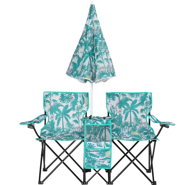 Double Folding Camping Chair Set with Removable Umbrella – 2-Seater Picnic Chair with Built-in Cooler Bag & Cup Holders – Blue