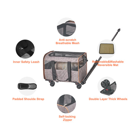 VEVOR Airline Approved Rolling Pet Carrier – 360° Silent Wheels & Telescopic Handle – Dog & Cat Travel Bag for Pets up to 22 lbs – Includes Folding Bowl