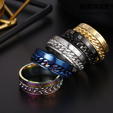 Roman Numeral Spinner Ring for Men – Rotatable Chain Titanium Steel Ring – Multifunctional Bottle Opener & Stress Relief Jewelry – Punk Style Gift