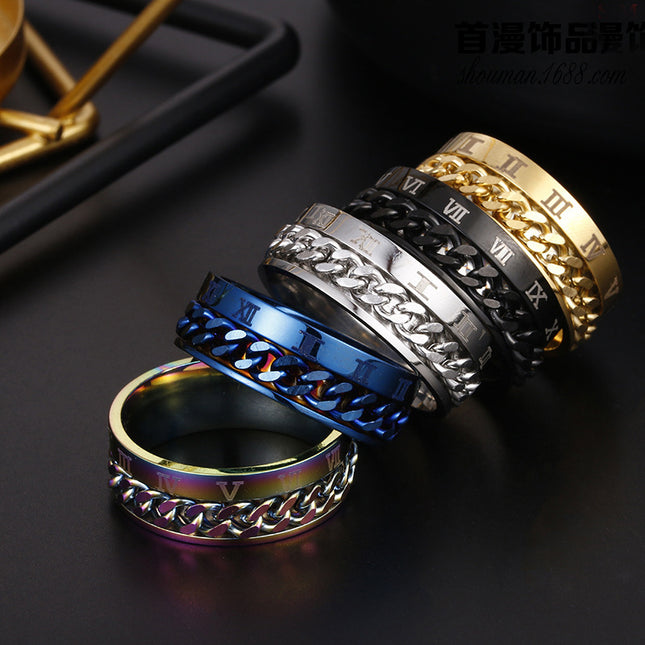 Roman Numeral Spinner Ring for Men – Rotatable Chain Titanium Steel Ring – Multifunctional Bottle Opener & Stress Relief Jewelry – Punk Style Gift
