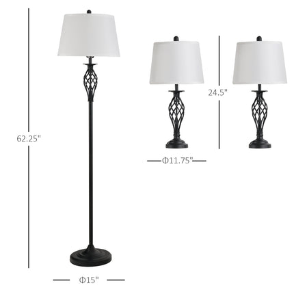 3-Piece Matching Lamp Set – 1 Floor Lamp and 2 Table Lamps – Classic Living Room & Bedroom Lighting Bundle with Fabric Shades