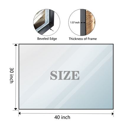 40" x 30" Glossy Black Bathroom Wall Mirror – Large Rectangular Vanity Mirror with Aluminum Frame – Modern Decorative Mirror for Home & Hotel