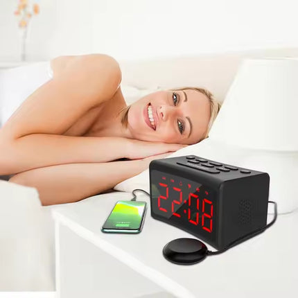 Large LED Digital Alarm Clock with FM Radio – Mirror Surface Desktop Clock – Dual Alarms, Indoor Temperature & USB Charging Port
