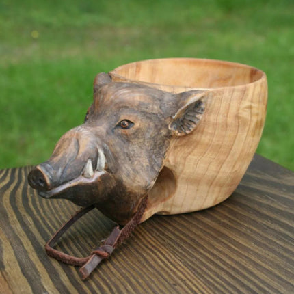 Hand-Carved Scandinavian Kuksa Wooden Mug – Traditional Guksi Camping Cup – Authentic Nordic Wood Coffee Mug with Animal Carvings