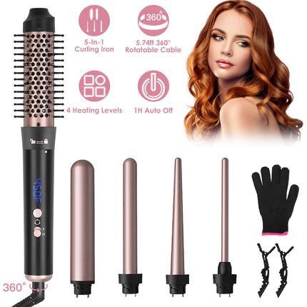 5-in-1 Professional Curling Wand Set – Interchangeable Barrels & Thermal Styling Brush