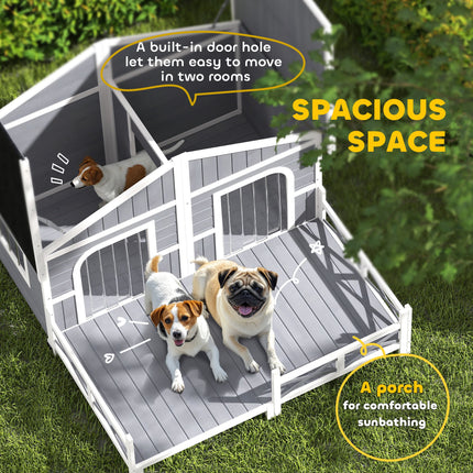 Luxury Double-Room Wooden Dog House with Porch – Openable Roof & Removable Floor – Weatherproof Outdoor Kennel for 2 Small/Medium Dogs (Gray)