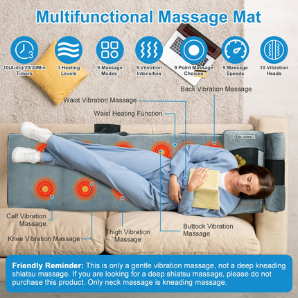 Advanced Full Body Electric Massage Mat – 10 Vibration Motors with Heat Therapy – 3D Neck Massager & Lumbar Support Pillow – Foldable Home Spa Mattress