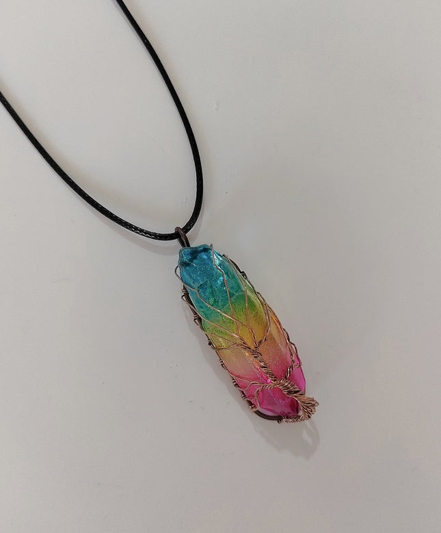 Natural Crystal Pillar Tree of Life Pendant – Hand-Wrapped Wire Stone Necklace – Spiritual Healing Jewelry for Women