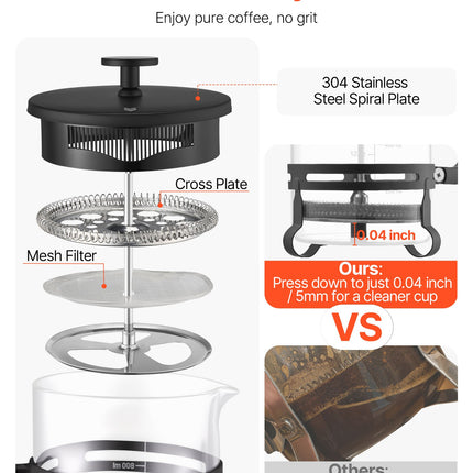 Classic French Press Coffee Maker – 34 oz Borosilicate Glass Coffee & Tea Press – Heat-Resistant Silver Infuser
