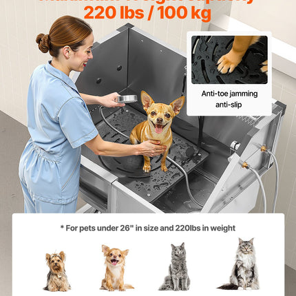 38-Inch Professional Stainless Steel Dog Grooming Tub – Pet Wash Station with Walk-In Stairs, Left Door & Faucet Set