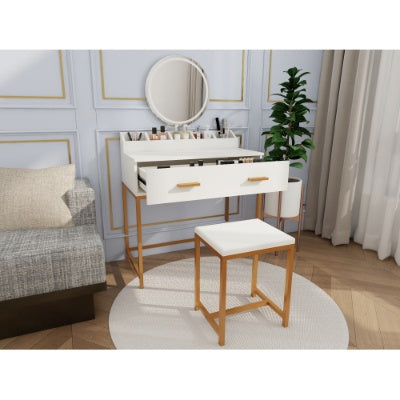 Aurora™ White & Gold Vanity Set – Compact Makeup Table with Mirror & Cushioned Stool