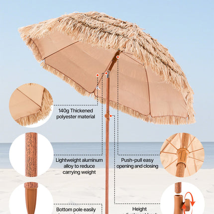 6ft Tiki Thatched Patio Umbrella – Tropical Hawaii Style Beach Umbrella – Faux Straw Outdoor Parasol for Poolside, Garden & Tiki Bar