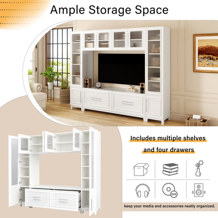 Vibe Haus 102" Modern White Entertainment Center – Large Wall Unit for TVs up to 75" – Minimalist Media Console with Glass Doors & Storage Drawer